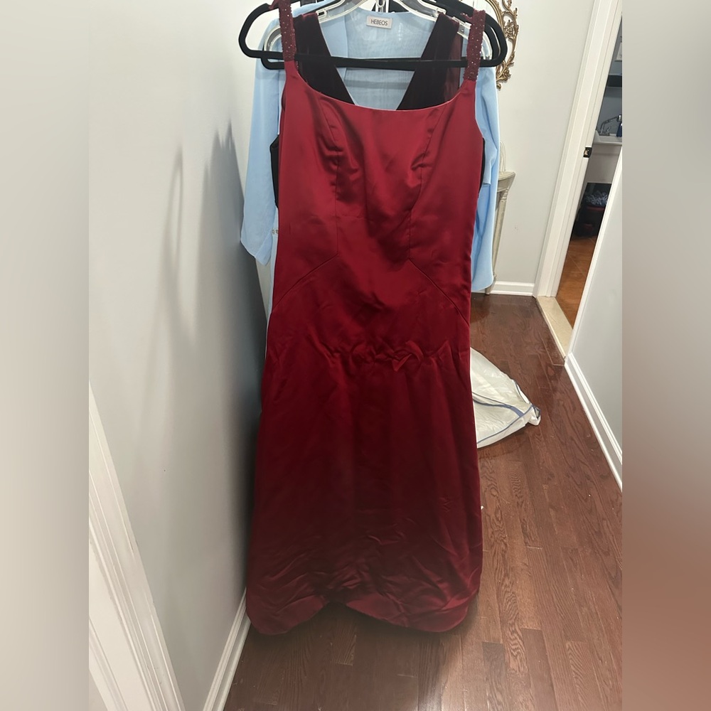 Cranberry red airline silk long gown with beaded straps size 14